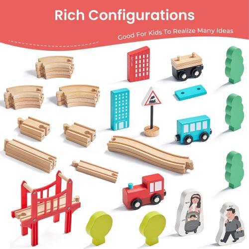 Tiny Land Wooden Train Set for Toddler - 39 Pcs- with Wooden Tracks Compatible with Major Brands - Expandable, Changeable-Train Toy for 3 4 5 Years Old Girls & Boys