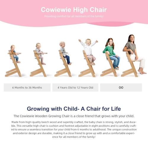 Cowiewie 3-in-1 Convertible Natural Wooden High Chair for Babies & Toddlers 3-Tier Remove & 2 Adjustable Wood Tray & 8 Levels Adjustable, 2 Waterproof Cozy Cushions Grey
