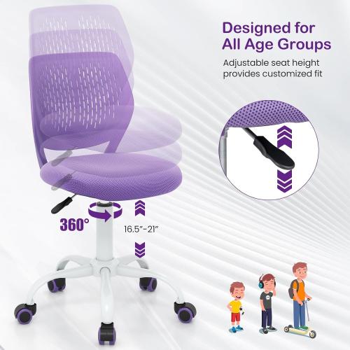 Kids Desk Chair, Adjustable Children Study Chair, Swivel Armless Mesh Task Office Chair, Computer Desk Chair with Adjustable Height & Lumbar Support (Purple)