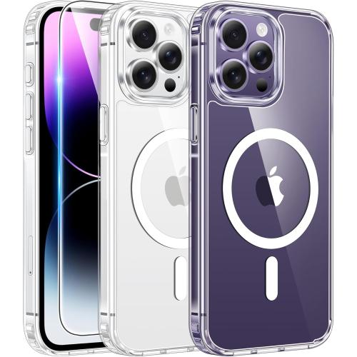 FNTCASE for iPhone 14 Pro-Max Case: Clear Magnetic Phone Cases with Screen Protector Compatible with Magsafe Slim Anti Yellowing Rugged Shockproof Protective Transparent Cell Cover (A-Clear)