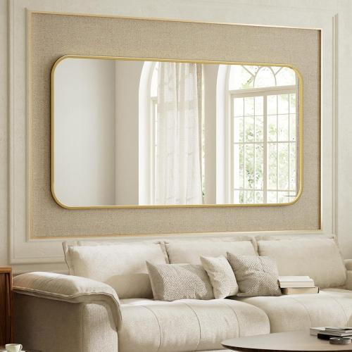 BEAUTYPEAK 26 x 38 Rectangular Aluminum Alloy Frame Wall Mounted Bathroom Mirror with Rounded Corners, Gold