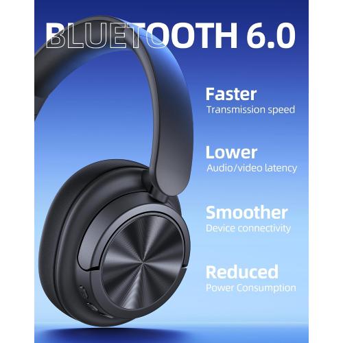 Hybrid Active Noise Cancelling Headphones 120H Playtime Wireless Headphones Bluetooth 6.0 Over Ear Headphones with 6 ENC HD Call Mic, Hi-Res 360° Spatial Audio ANC Headphone for Travel Workout Black