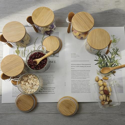7.6 oz Airtight Mini Glass Jars with Bamboo Lids and Bamboo Spoons, Spice Jars Small Food Storage Containers for Kitchen, Bathroom, Home Decor Set of 8