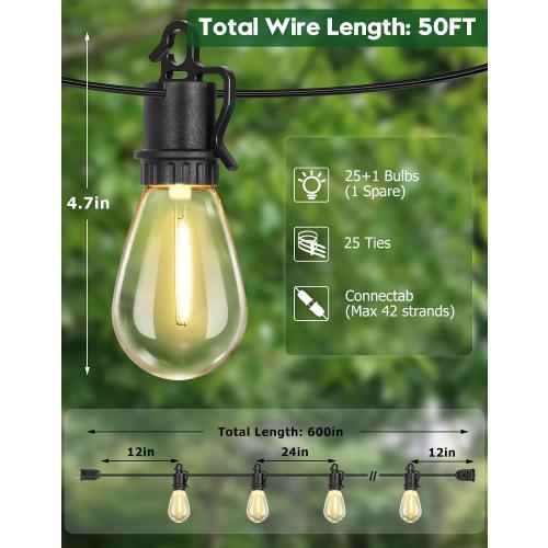 Size 50FT Outdoor String Lights with 25 Shatterproof S14 Vintage Edison Bulbs E12 Sockets,2700K Dimmable Outdoor Lights,IP55 Waterproof LED String Lights for Outside, Patio, Garden, Backyard,Bistro
