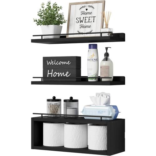 WOPITUES Floating Shelves for Wall with Cube Shelf, Wall Shelves with Metal Rail for Bathroom Decor, Bathroom Organizers and Storage, Over Toilet Shelves for Toilet Paper-Black