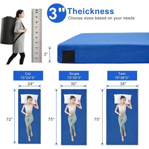 Color Blue Memory Foam Camping Mattress pad, Comfortable Thick Floor Sleeping Mat for Adults with Waterproof and Non-Slip Bottom, Portable Roll Up Mattress for Sleepover Guest,Cot Mad for Car Camping