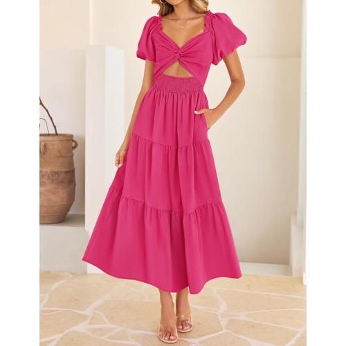 Size XL ... Womens Summer 2025 Boho Vacation Dress Short Puff Sleeve Flowy Smocked Cutout A Line Beach Party Dresses