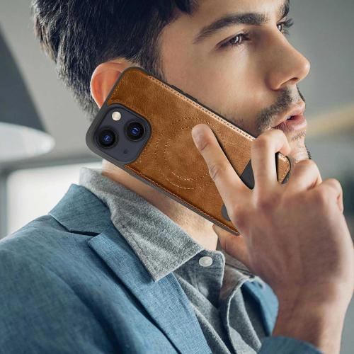 Magnetic for iPhone 14 Leather Case, for iPhone 13 Phone Case, Built-in Stand, Compatible with MagSafe, Silicone Strap, TPU Interior Protective, Shockproof Slim Cover (Brown)