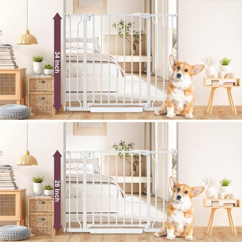 Size 34 Extra Color White Tall Baby Gate for Stairs, Auto Close Stroller Friendly Dog Gate Indoor for Doorways, Pressure Mounted 29-40 Wide Baby Gate, Easy Walk Through Gate for Children & Pets, White