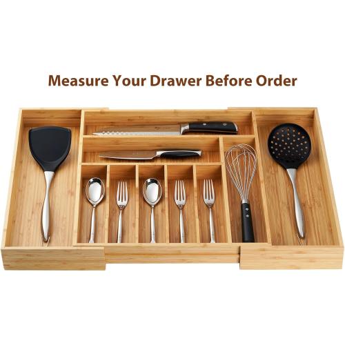 Umilife Extra Large Expandable Kitchen Siverware Utensils Drawer Organizer, 19 Deep for Big Drawer, Adjustable Bamboo Wood Drawer Divider with Curved Grooves, Cutlery Tray Flatware Holder