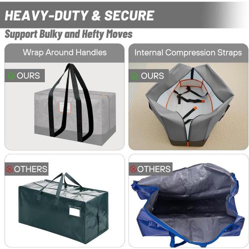 4 Pack Moving Bags Heavy Duty, 115lb Capacity Storage Bags for Clothes, Large Packing Tote with Strong Handles, Internal Compression Straps, Alternative to Moving Boxes -103L,Grey and Black