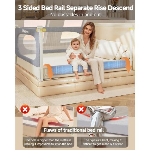 3-Piece Queen Size Bed Rail for Toddlers, Baby Bed Rail Guard with Height Adjustable Toddlers Bed Rail, Kids Safety Bed Rail for Queen Size Bed (78.7x78.7x58.6 - Grey)