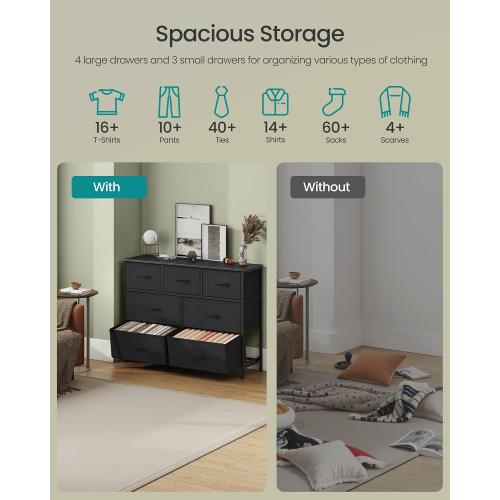 7 Drawer Closet Organizer Chest, Fabric Storage Tower with Sturdy Steel Frame, Wooden Top & Easy Pull Fabric Bins, Dresser for Bedroom Living Room Entryway Clothes Organization, Black