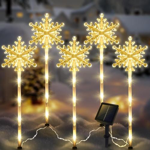 5 Pcs Acrylic Solar Pathway Stakes Lights Outdoor Waterproof, 8 Modes Christmas Decorations Outdoor Yard, Solar Christmas Garden Decor Lights (Xmas Snowflake Warm White)