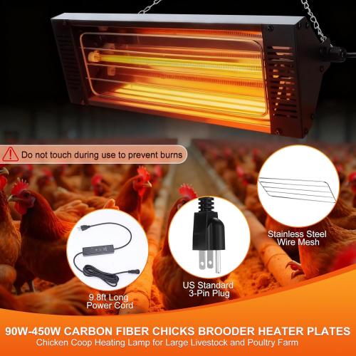 450W Heat Lamp for Chickens, Large Chicken Coop Heater, Carbon Fiber Chicks Brooder Heaters Plate, Adjust 5 Mode Temp&Time&Hanging Height, 9.8 Ft Cord Heater for Poultry Livestock Heating