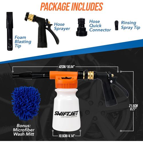 SwiftJet Car Wash Foam Gun   Microfiber Wash Mitt - Foam Cannon Works with Any Soap - Garden Hose Car Foam Sprayer - Car Wash Kit - Car Accessories Foam Blaster (Orange Foam Gun with Mitt) | No pressure washer needed, get thick soapy foam at home! Perfect for cars, rv's, boats and motorcycles