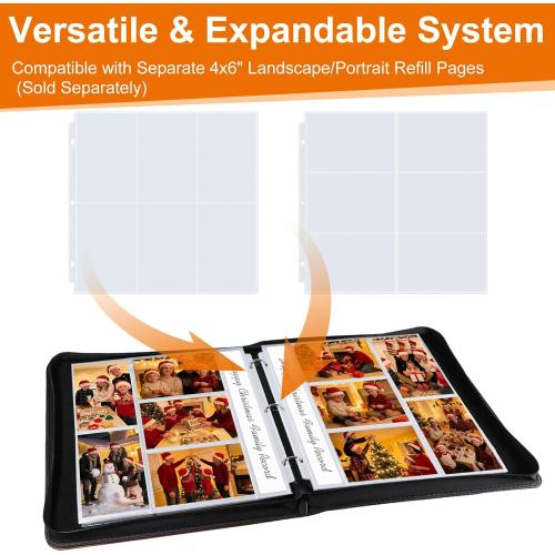 4x6 Photo Album for 3-Ring Binder – Zippered Leather Picture Albums Kit with 20 Page Protectors, Holds 200 Mixed Layout Photos, Large Capacity Family Wedding Anniversary Baby Album Book, Brown