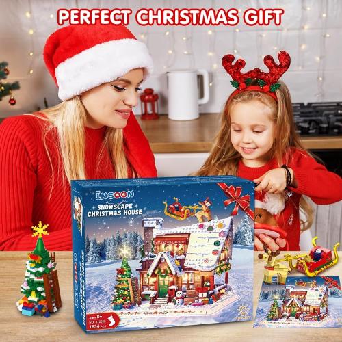 2024 Christmas Gingerbread House Mini Building Set with LED Light, 1834 PCS Winter Village Building Block Toy with Christmas Tree, Holiday Cabin Building Kit Xmas Gift for Adults Teens Kids 8