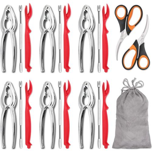 Hiware 20-piece Seafood Tools Set includes 6 Crab Crackers, 6 Lobster Shellers, 6 Crab Leg Forks/Picks and 2 Seafood Scissors & Storage Bag - Nut Cracker Set