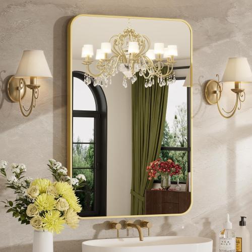 24x36 Inch Bathroom Mirrors for Over Sink, Brushed Gold Rectangle Mirror for Bathroom or Entryway, Wall Mounted Vanity Mirror with Aluminum Alloy Frame & Tempered Glass, Hangs Horizontally/Vertically