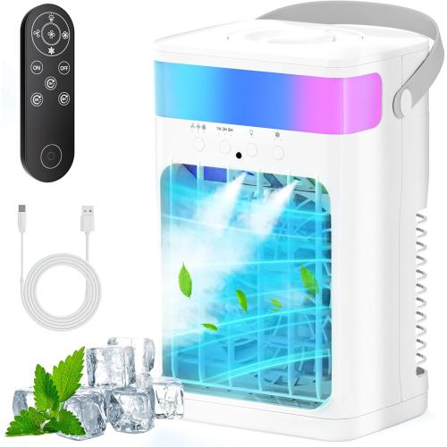 White Portable Air Conditioner,Cooling Fan with 3 Speeds & 3 Modes,1500ML Mini Air Conditioner with Remote, Air Conditioner Fan,Night Light,Evaporative Air Cooler for Home/Office
