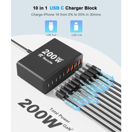 USB C Charging Station 10 Port with 4 USB Cables, 200W GaN Type C Charger Block, Wall Charger Power Strip Adapter Plug for iPad iPhone17 16 15 14 13 12 Pro Max Pixel Note Galaxy