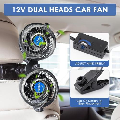 XOOL Clip Car Fan, Adjustable Dual Head 4 Inches 12V Fan for Front/Rear Seat Passenger, 360° Rotatable Electric Car Cooling Fans with Stepless Speed Regulation for SUV, RV, Vehicles