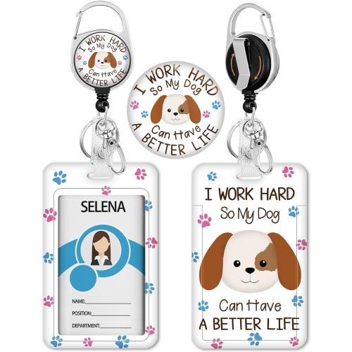 Cute Dog Badge Holder with Retractable Reel, Funny Id Card Badge Case with Carabiner Clip Heavy Duty, Vertical Card Name Tag Badge Protector Cover for Work Office Nurse Teacher Women Student Gifts