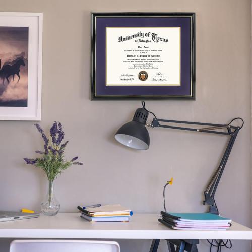GraduationMall 11x14 Diploma Frame with Purple over Gold Mat or Display 15x18 Certificate without Mat,Solid Wood & UV Protection Acrylic,Glossy Black Finish with Gold Trim