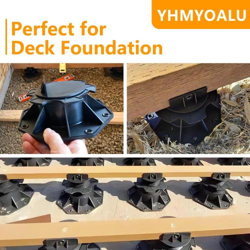 12Pack Adjustable Deck Support Pedestal Deck Foundation Base Support，Used for Floating Deck Platform Deck Floor Height Adjustment Raising, Adjustment Raising from 2-3/8 to 5-1/2, Black