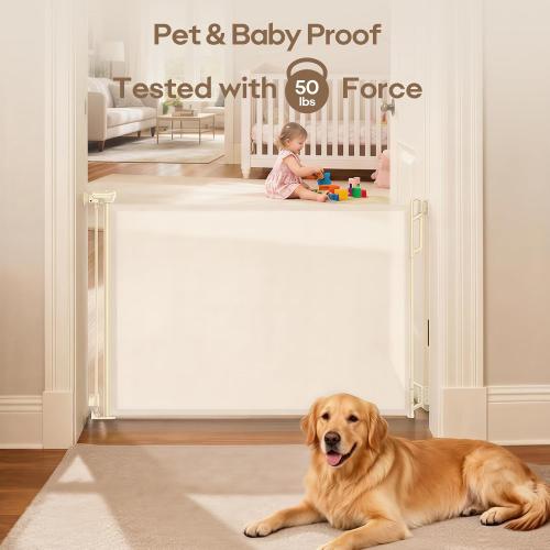 SPACEANY Retractable Safety Baby Gate or Mesh Dog Gate,Durable Portable Mesh Retractable Gate,Easy to Use for Stairs, Doorways, Hallways, Indoor, Outdoor, 33.5 Tall, Up to 45 Wide, Cream