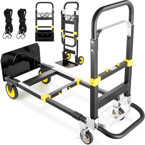 New Heavy Duty Hand Truck 600lbs 3-in-1, Convertible Hand Truck Dolly Foldable Dolly Steel A3 with Rubber Brake-Wheels, Anti-Slip Strip and 2 Elastic Ropes for Moving