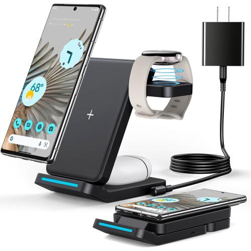 3 in 1 Foldable Wireless Charger for Google Pixel Watch 1(Not for Pixel Watch 4/3/2), Fast Charging Stand Station for Pixel 10 Pro XL/9 Pro XL/10/9/8/7/6 Pro, Travel Charger with QC Adapter, Black