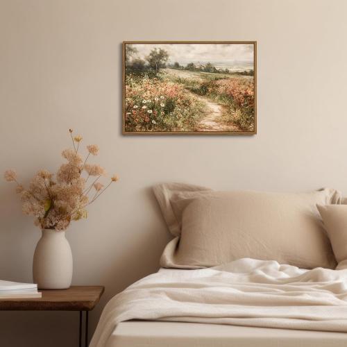OIQArtOIQ Framed Canvas Wall Art,Vintage Decor,Landscape Nature Country Wildflower Paintings Farmhouse Pictures Modern Artwork Rustic Fall Flower Prints Cottagecore Office Living Room Bedroom Bathroom