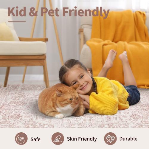 Rugxara Washable Area Rug for Living Room & Bedroom, Rugs for Women, Non Slip, Durable Low Pile Carpet, Vintage Carpets for Office, Dining Room, Kids Room and Farmhouse