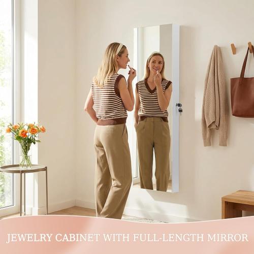 Unisakey Mirror Jewelry Cabinet,Lockable Wall or Door Mounted Jewelry Armoire Organizer With Built-up Mirror,LED Lights, Drawers,Cosmetic Trays,Shelves, 14.4x3.15x 43.1（White）
