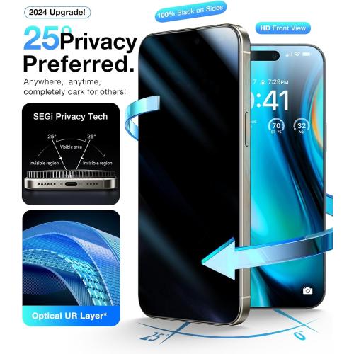 UltraGlass Top 9H  Glass for iPhone 16 Plus Privacy Screen Protector 2024 [No.1 Military Grade Shatterproof & 100% Anti Spy] Privacy Screen Tempered Glass [Longest Durable] 2 Pack