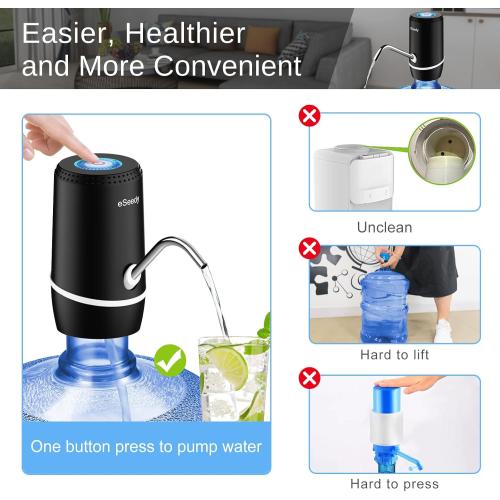 Water Pump for 5 Gallon Bottle, USB Charging Automatic Water Dispenser with Rechargeable Battery, Portable Electric Drinking Water Jug Pump for Home, Kitchen, Living Room, Office, Camping - Black