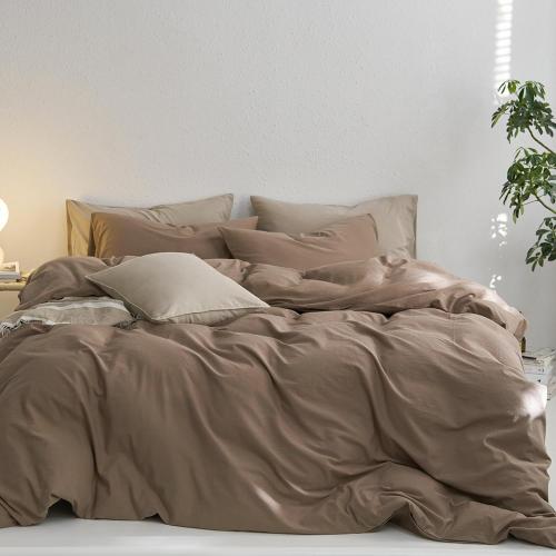 MooMee King Duvet Cover Set, 100% Washed Cotton Linen Like Twill Thick Sturdy Material Super Soft Breathable Durable Bedding for All Season, 3 Pieces (Bombay Brown, King 104x90)