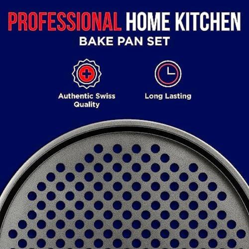 Bakken- Swiss Non-Stick Pizza Pan with Holes - 13-Inch Perforated Pizza Crisper Carbon Steel Pizza Pan - 2 Round Pizza Trays - PFOA PFOS and PTFE Free
