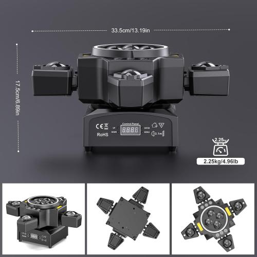 Moving Head DJ Lights,120W Party Light 4 Arm RGBW 4-in-1 Bee-Eyes Beam/Wash/Red Green Starry Sky Golden Strobe Halo Ring Effect Light,Sound-Active/DMX/Remote Control for Party Club Stage Show