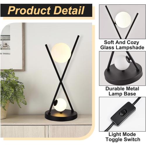 Modern Black X-Shaped Table Lamp 2-Lights Globe Glass Beside Lamp Nordic Metal 3 Color Temperatures Desk Lamp for Bedroom Living Room Study Office Corner