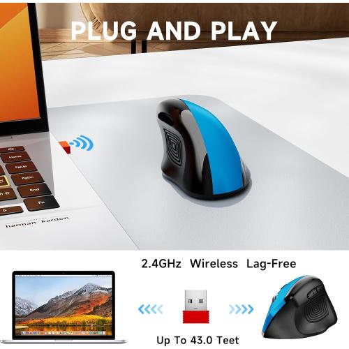 memzuoix Ergonomic Mouse Wireless,2.4G Optical Cordless Mice with 800/1200/1600 DPI,Vertical Computer Wireless Mouse for Laptop, Mac,PC,Desktop (for Right Hand, Large),Blue