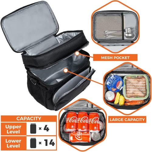 opux Insulated 2 Deck Lunch Bag for Men Women, Large Dual Compartment Cooler Bag for Work School Picnic, Leakproof with Strap for Kid Adult (Black)