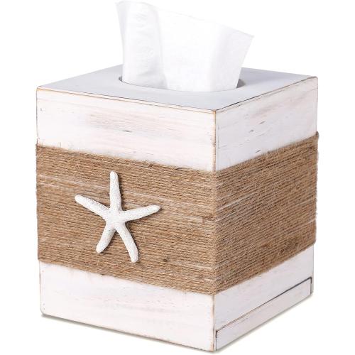 SOMTO Beach Rustic White Wood Square Tissue Box Cover,Farmhouse Bathroom Accessories Starfish Decor Tissue Holder with Slide-Out Bottom Panel…