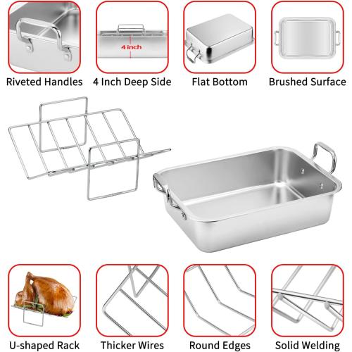 15 Inch Stainless Steel Roasting Pan with Cooling Rack - Turkey, Chicken, Ham Roaster with V-Shaped Baking Rack by Kendane