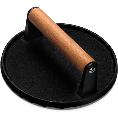 EWFEN Burger Press, 7 Round Heavy-Duty Cast Iron Smash Bacon Press Meat Steak with Wood Handle for Griddle, Sandwich, Nonstick Pan
