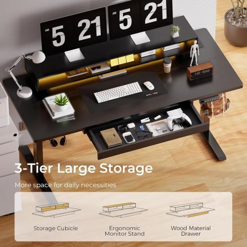 GTPLAYER Electric Standing Desk with Drawers, 48 x 24 Inch Height Adjustable Gaming Desk with Monitor Stand, Power Outlets & LED Lights, Home Office Sit Stand Up Desk with Memory Preset (Black)