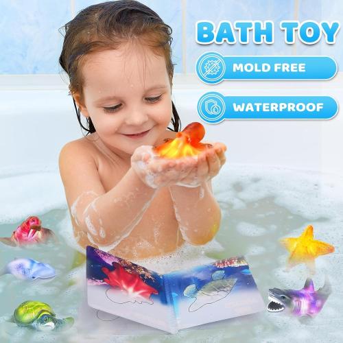 6 Pack Light Up Bath Toys & Magic Bath Book & Storage Bag for Toddler, No Hole Floating Ocean Animal with LED Flashing Colors, Glow Sensory Bathtub Toy for Kid, Water Table Toy, Gift for Boy Girl