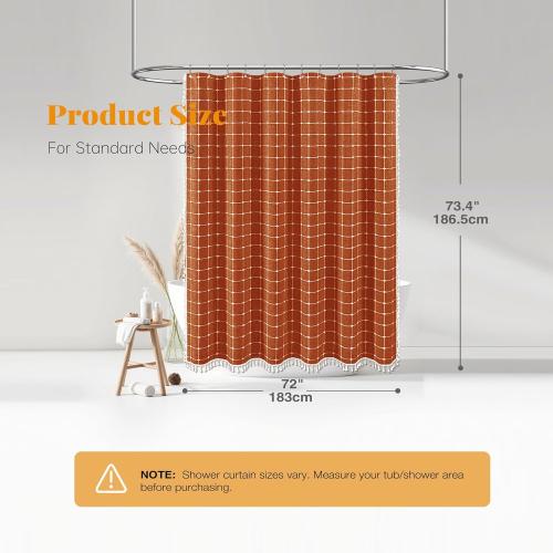 BTTN Boho Farmhouse Shower Curtain - Linen Rustic Heavy Duty Fabric Shower Curtain Set with Tassel, Water Repellent, Bohemian Vintage Country Cloth Shower Curtains for Bathroom - Burnt Orange -